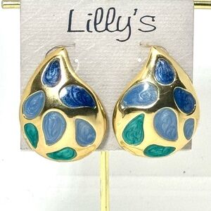 Vintage Lilly’s Blue Green & Gold Enamel Geometric Post Earrings